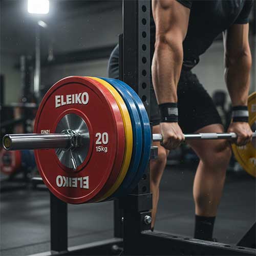 Close-up of calibrated plates on a bar or a lifter using a combo rack.