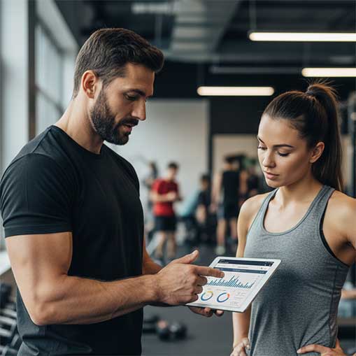 Personal trainer discussing fitness goals with a member at AMF Indy.