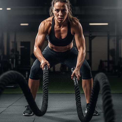 Athlete using a sled or battle ropes for conditioning.